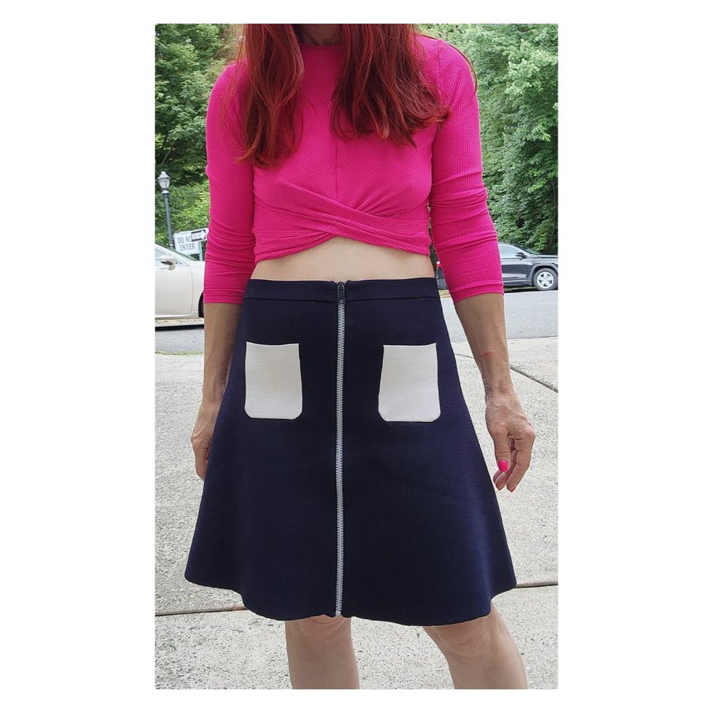 SANDRO Navy Front Zip Knit A-Line Skirt Contrast Pockets